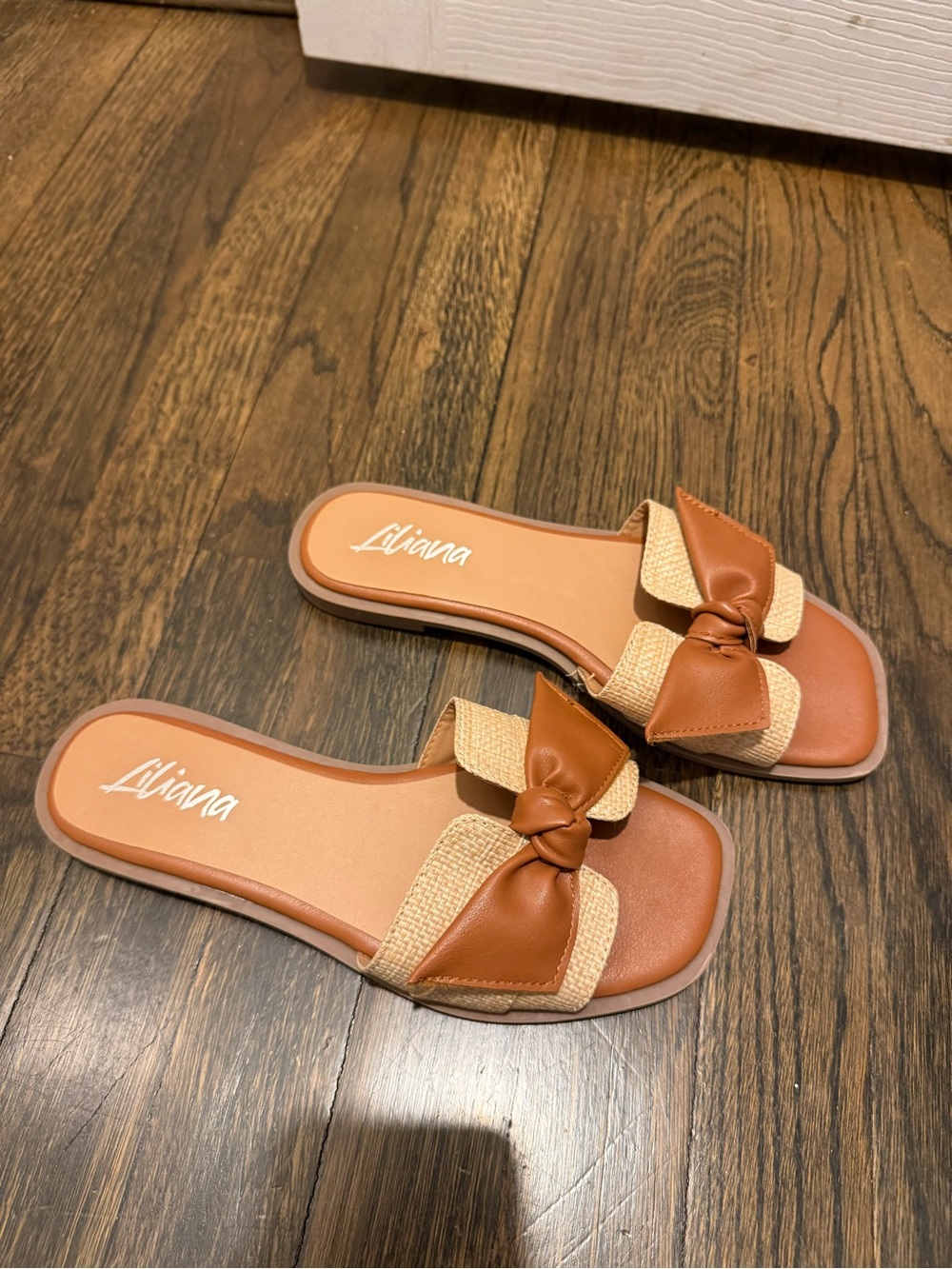 Liliana Brown Tan Bow Slide Sandals for Women